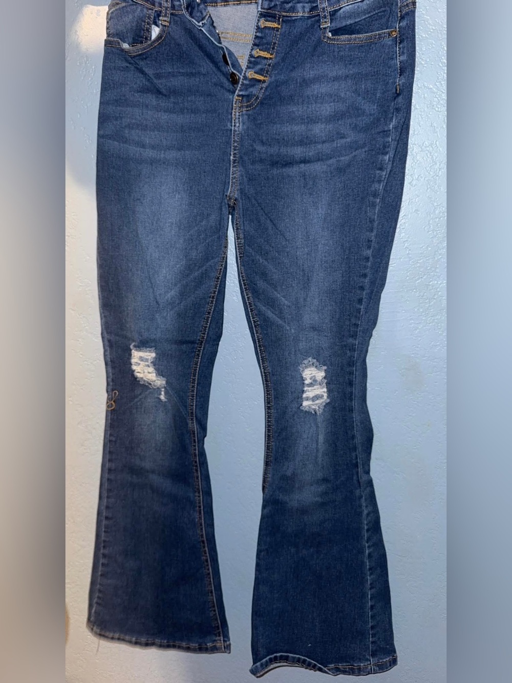 Women's Dark Blue Flare Jeans with Knee Distress